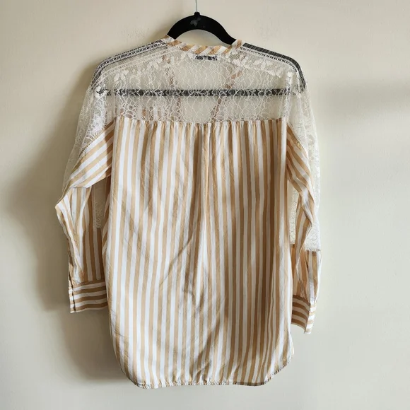 SANDRO I 1 (XS/S) lace and cotton button down shirt I tan and white stripes - Picture 4 of 11